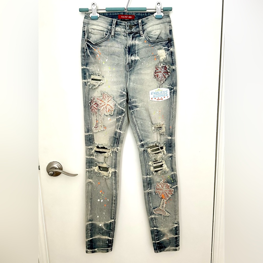 Smoke Rise NY Red Distressed Patched Ripped Jeans Sz 3/25 Rare Prototype NWT